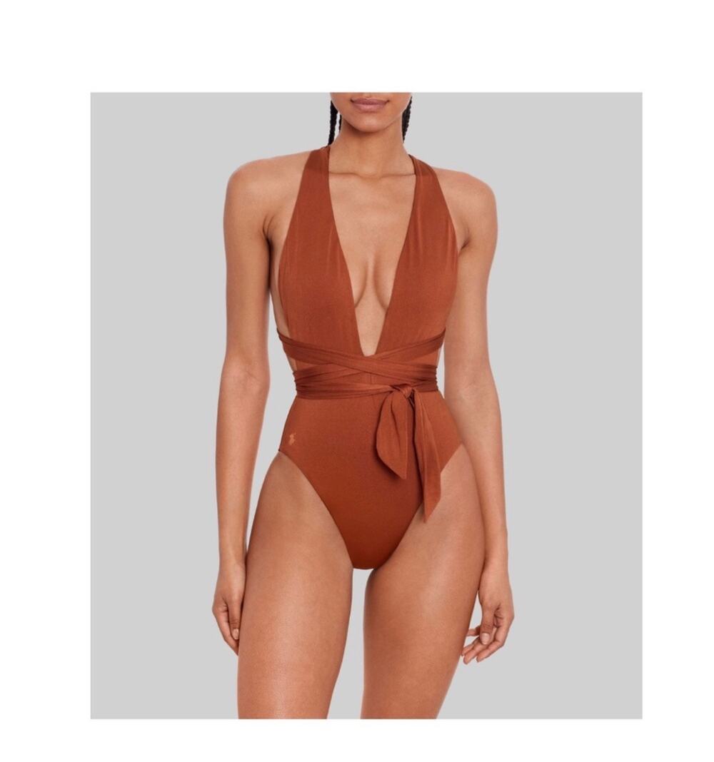 New Polo Ralph Lauren plunge one piece halter swimsuit copper brown sz Large